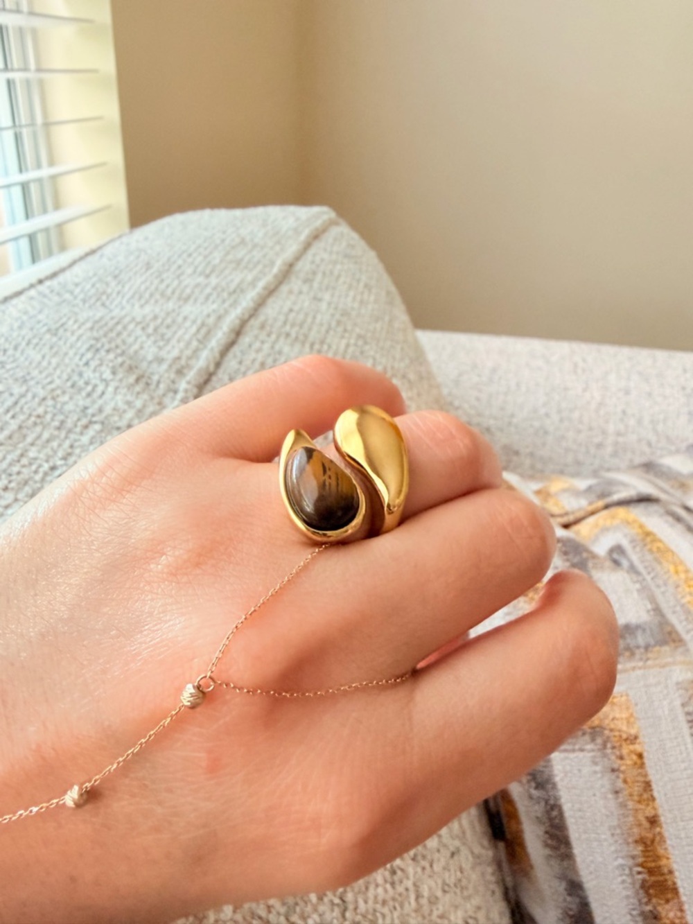 Gold Teardrop Statement Ring with Brown Stone
